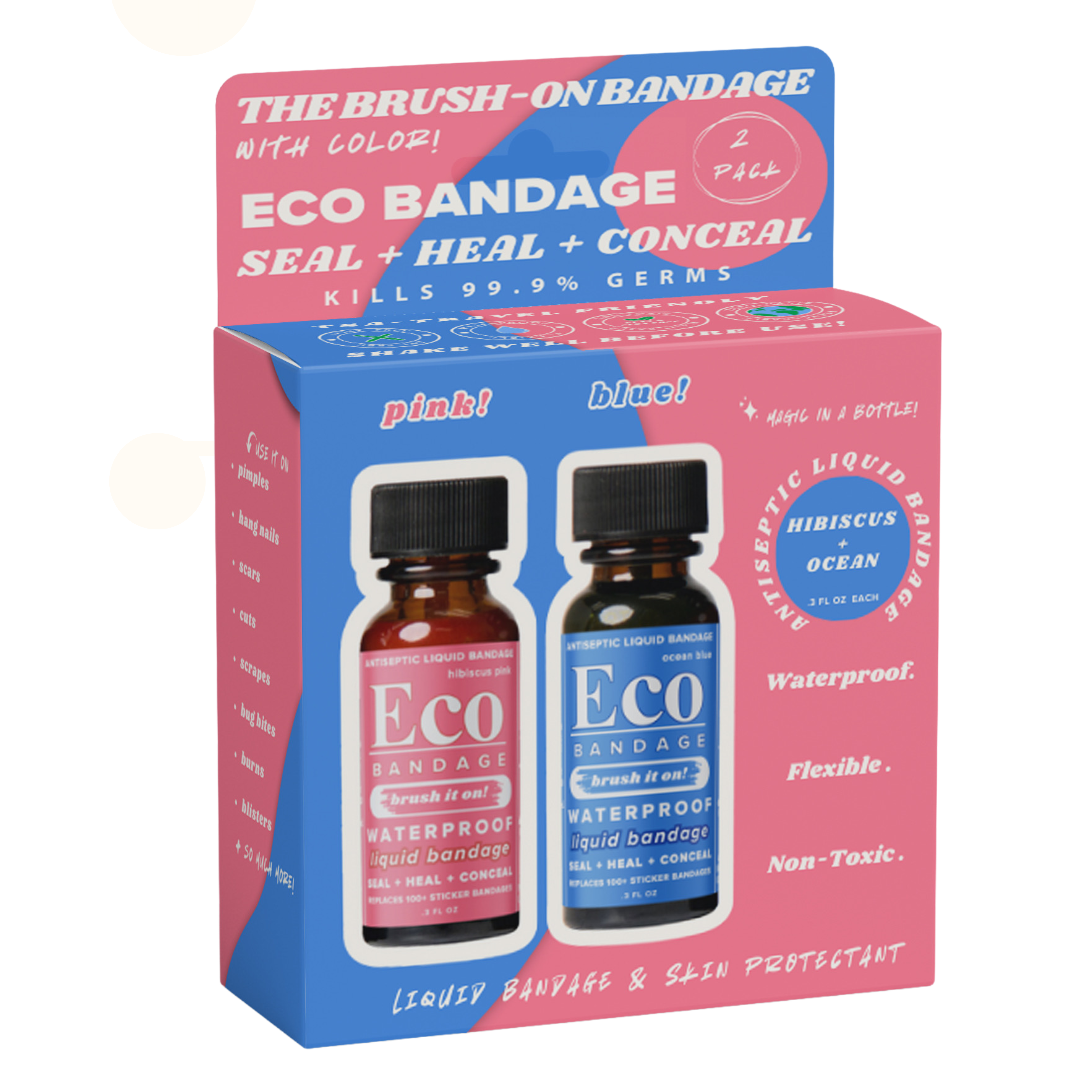 Colored Liquid Bandage, (2 Pack) Ocean Blue & Hibiscus Pink (.3 oz
